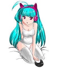 a girl with blue hair sitting on a bed